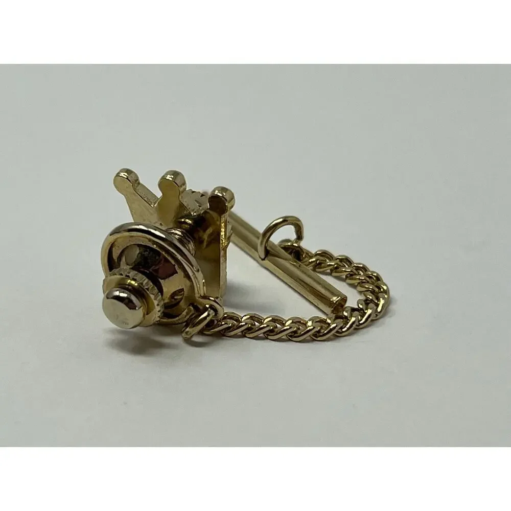 Vintage Crown Tie Tack Goldstone Cabochon Gold Tone T-Bar Chain Pin Men
